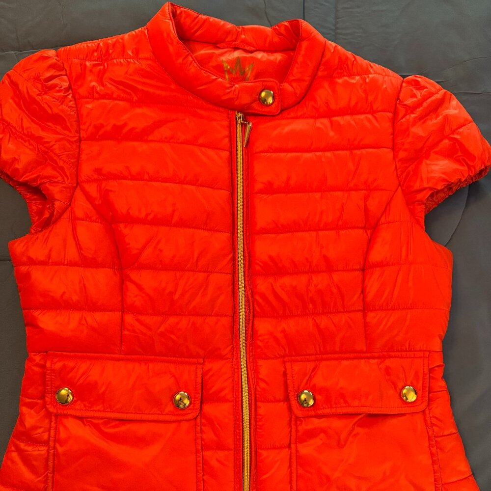 Nicki Minaj Quilted Puffer Jacket-Vest, Orange w Gold Full Zipper & Buttons, M
